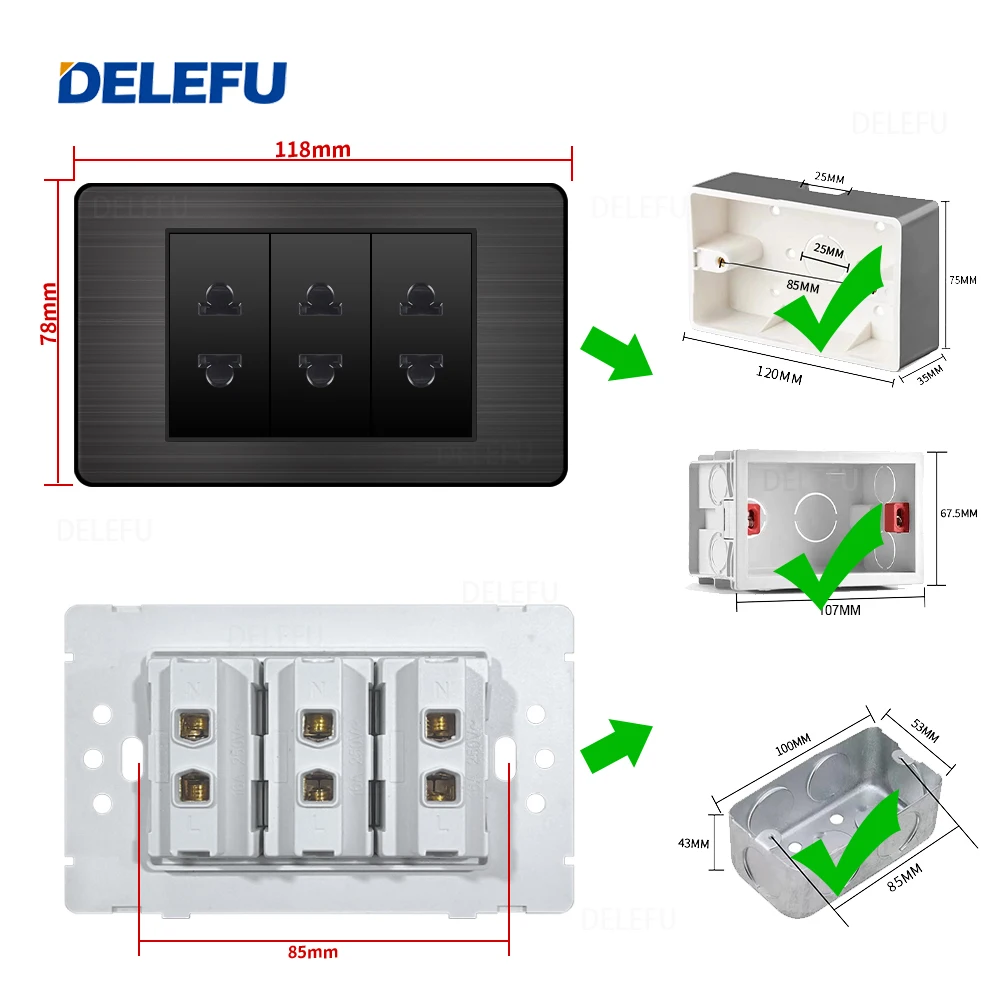 DELEFU Stainless Steel Black Panel Thai Switch Socket Computer USB Type C Wall Power Socket