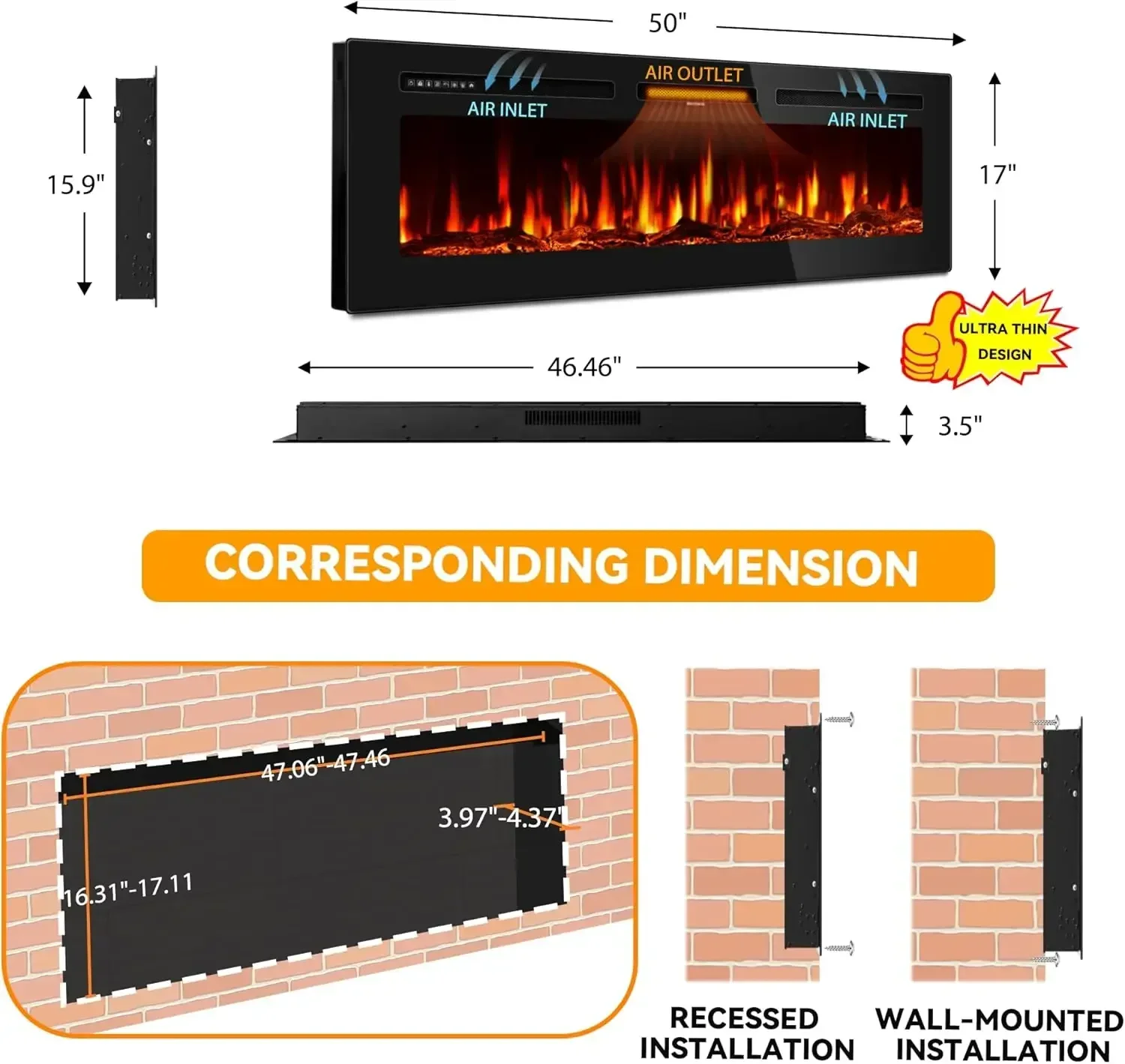XMSJ-50 بوصة مدفأة كهربائية داخل الحائط ومثبتة على الحائط، سخان مدفأة خطي رفيع للغاية 750/1500 وات مع F واقعي #3