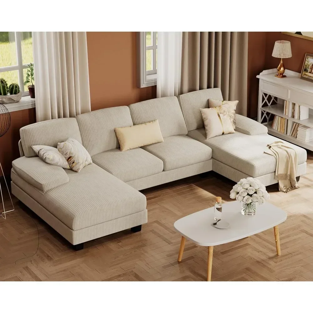 Sectional Couches for Living Room, U-Shaped Sofa Couch with Soft Corduroy, 4 Seat Sofa Set with Double Chaise for Apartment