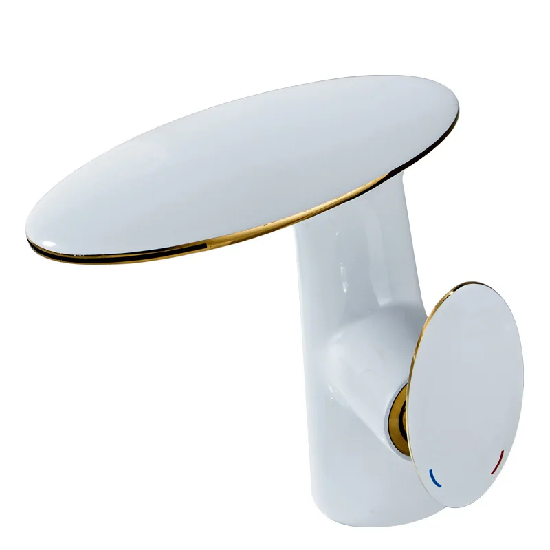 Estilo de cascada minimalista blanco, arte creativo de baño totalmente de cobre, grifo monotero frío y caliente