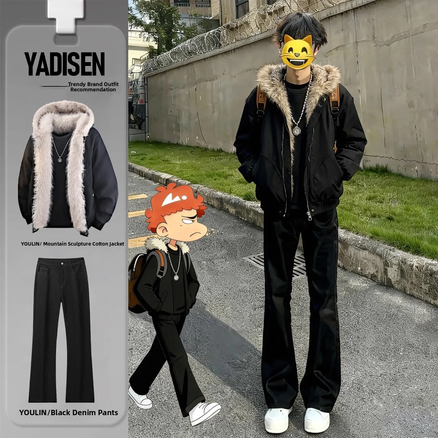 

Cool Black Thickened Hooded Cotton Jacket for Men Winter Fashion Streetwear Set Youth Casual Long Sleeve Button Closure Coat