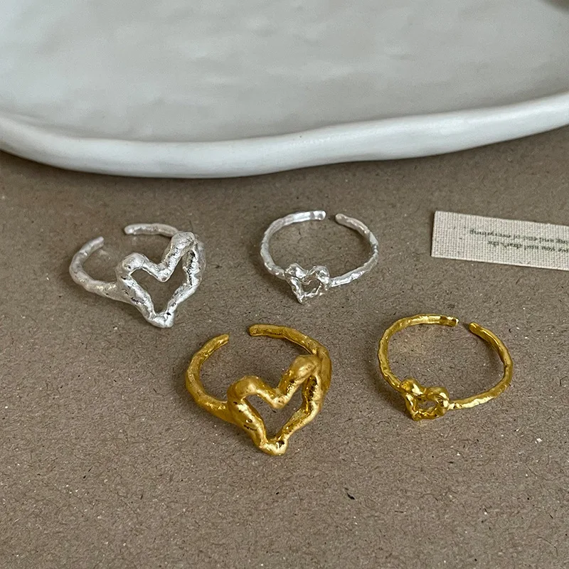 Minar Dainty Drape Lava Texture Hollowed-out Heart-shaped Open Adjustable Cocktail Ring for Women Real Gold Silver Plated Copper