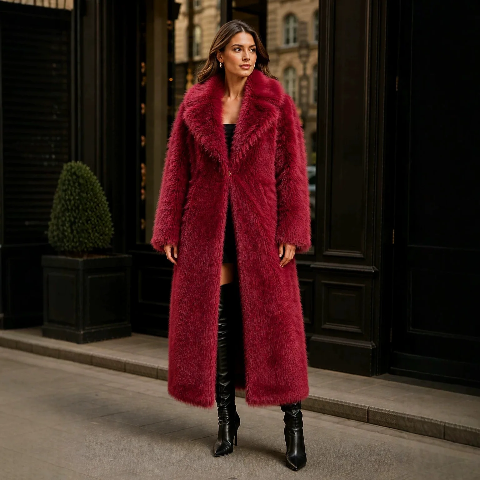 New Womens Super Long Fluffy Faux Fox Fur Lapel White Thick Warm Jacket Streetwear Party Office Autumn Winter Fur Outerwear