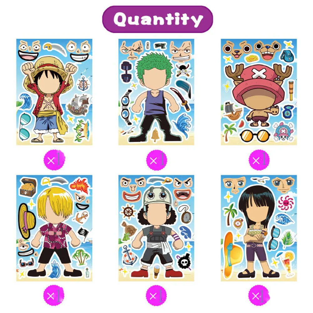 

6Sheets Cool One Piece Anime Puzzle Stickers DIY Make-a-Face Assemble Funny Cartoon Decal Assemble Jigsaw Boy Toy Kid Gift