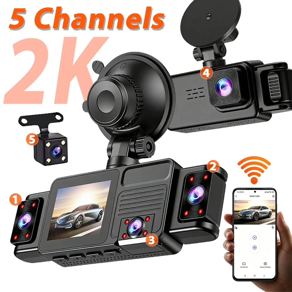 5-Kanal-Dashcam Black Box Panorama 360 °   Endlosaufzeichnung 2K FHD WLAN Auto-DVR 24/7 Parküberwachung Nachtsicht G-Sensor Autokameras