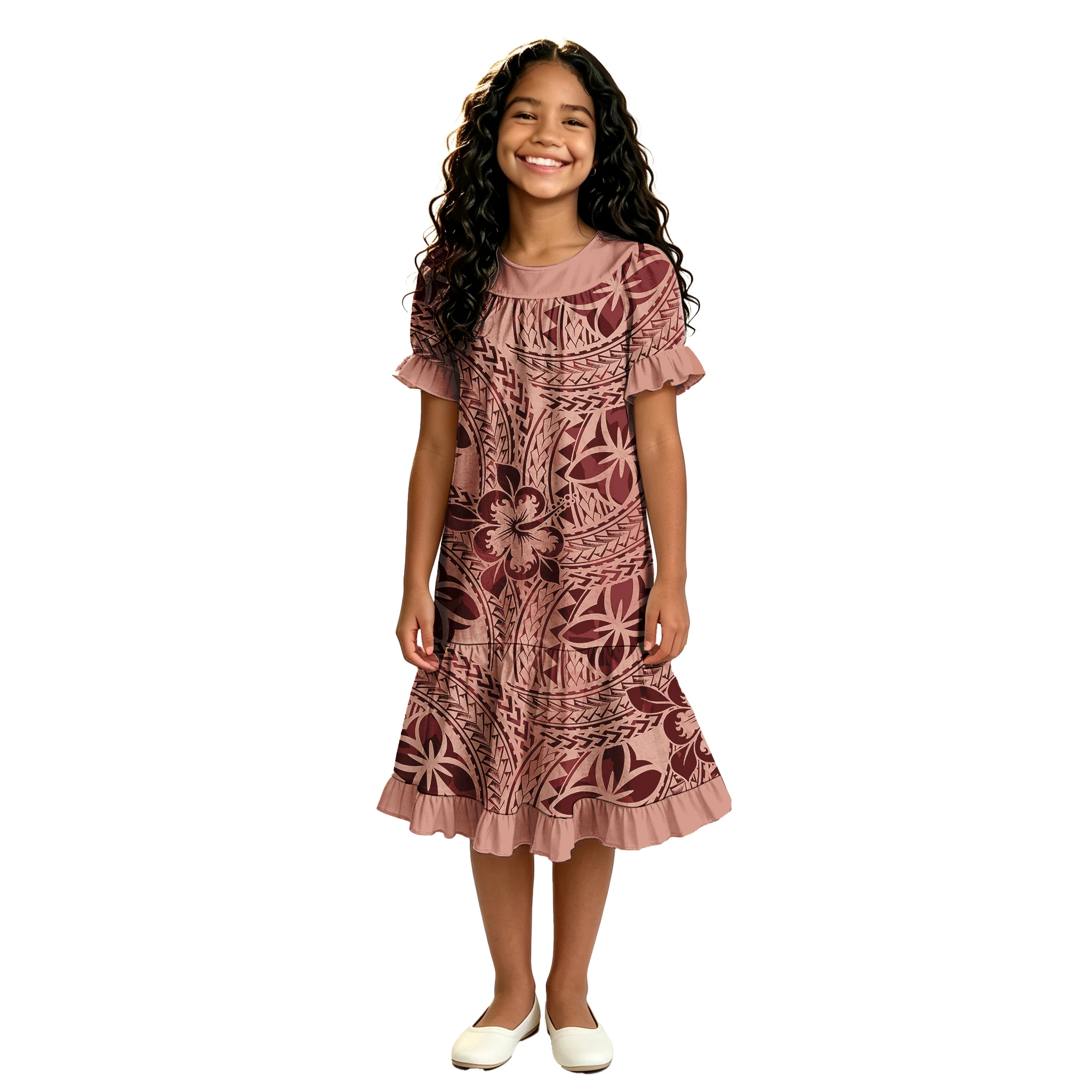 Holiday Party Kids Cute Hawaiian Dress Custom Children Clothes Girls Elegant Samoan Dresses O-Neck Ruffles Sleeve Tribal Design