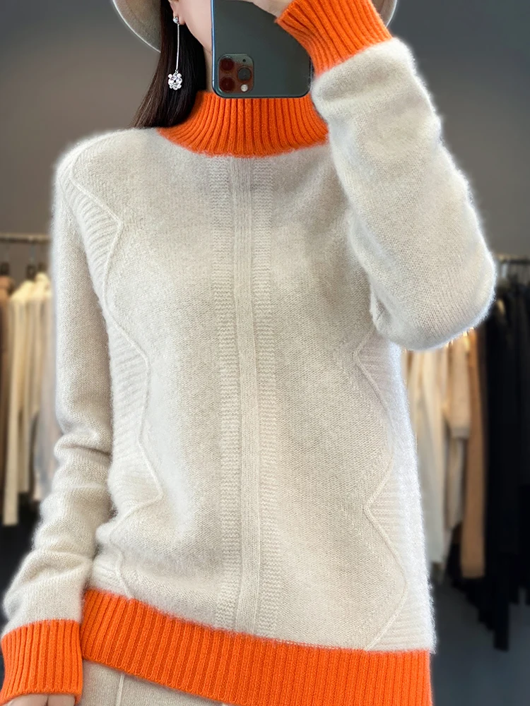 

Women Sweater 100%Wool Fashion HalfHigh Collar pullover LongSleeve Knitwear Jumper Thick Warm Comfortable Soft Contrasting Color