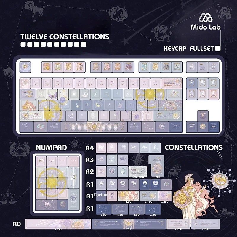 Twelve Constellation Keycaps Cherry Height Pbt Key Cap Customized Mechanical Keyboard Keycaps Layered Teana Retro Anime Keycaps
