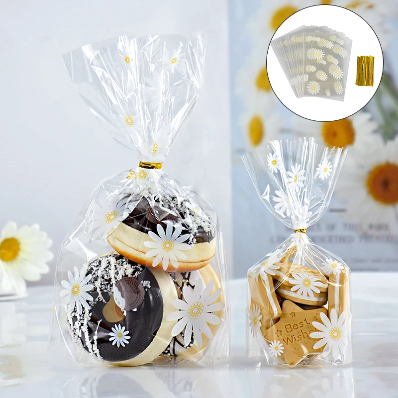 100/50PCS Daisy Candy Cookies Plastic Bags Transparent Baking Biscuits Gifts Packaging Bag For Wedding Birthday Party Decoration