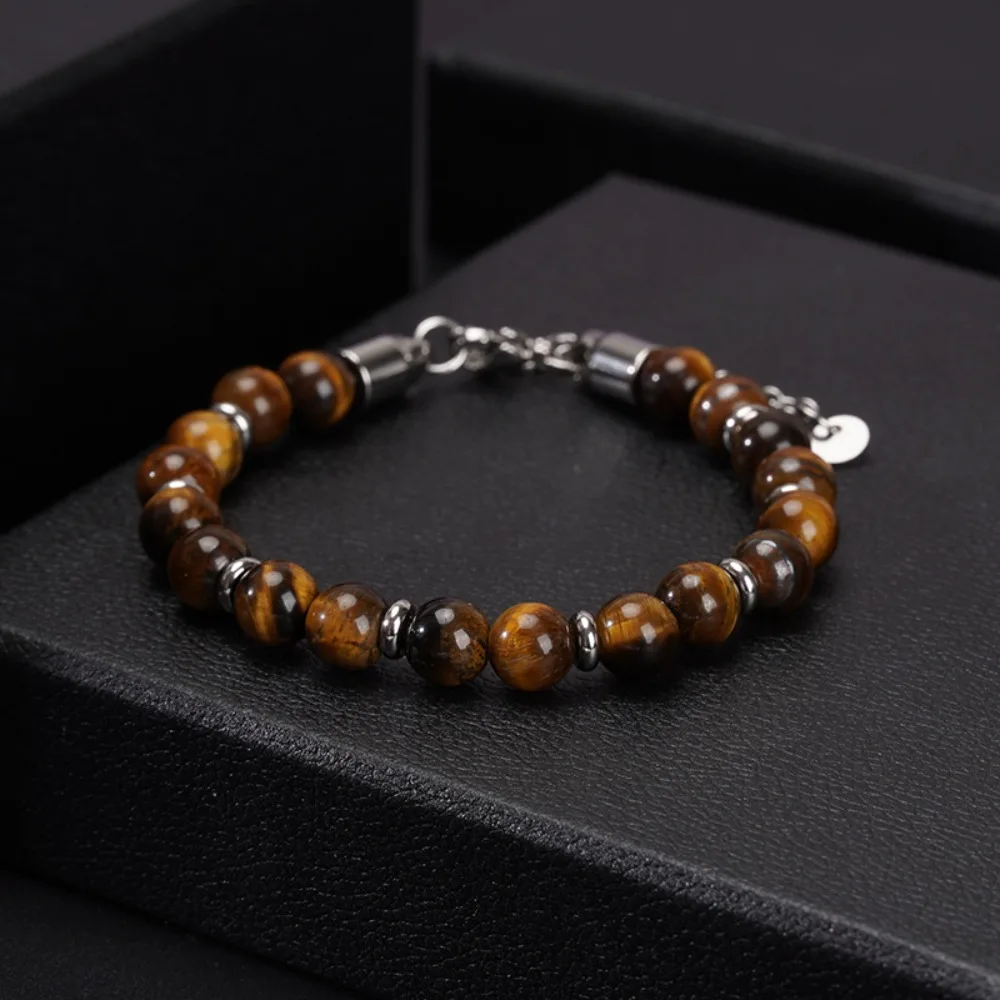 Lightweight Bead Tiger Eye Beads Strand Bracelets Handmade Unisex Men Women Stainless Steel Chains Colorful Stone Bracelet