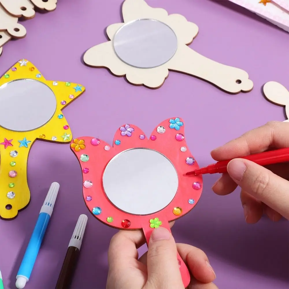 1 Set DIY Wooden Mirror Craft with Paintbrushes Birthday Party Gift Kids Decorate Mirrors Unfinished Princess Mirror Crafts
