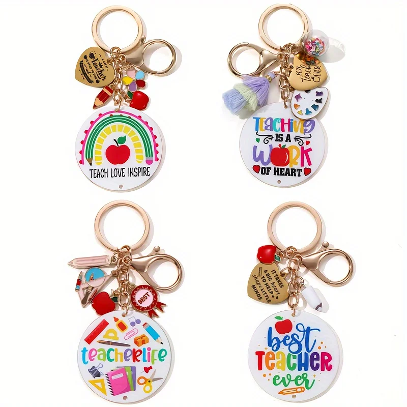 Lovely Apple Acrylic Best Teacher Work Keychain Pencil Heart Ruler Brelok do kluczy dla kobiet Mężczyźni Prezent dla nauczyciela Ręcznie robiony zestaw biżuterii