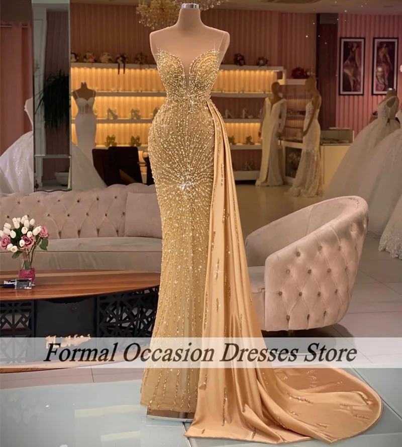 Charming God Evening Dresses Women 2025 Sheer Neck Mermaid Wedding Party Dress Side Train Prom Gowns vestidos de gala Customized