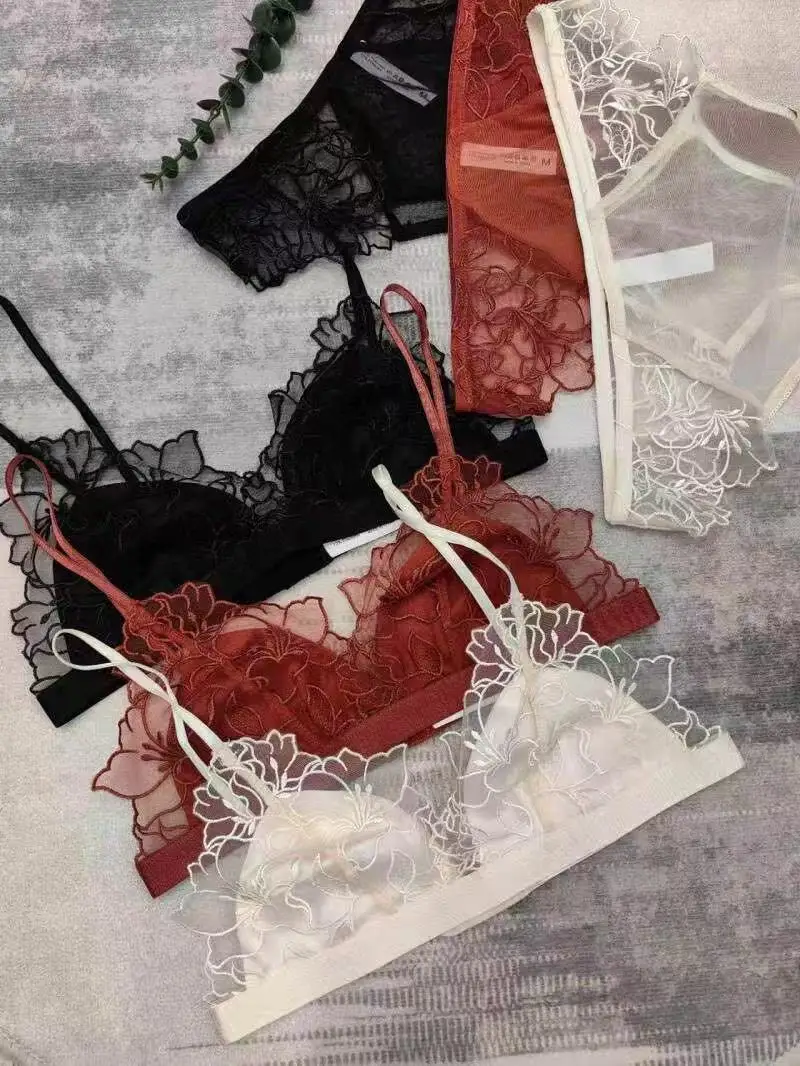 ​  Elegant French Lace Bralette Wireless Triangle Cup No Underwire Thin Straps Small Bust Women Comfort Lingerie Set KUCLUT