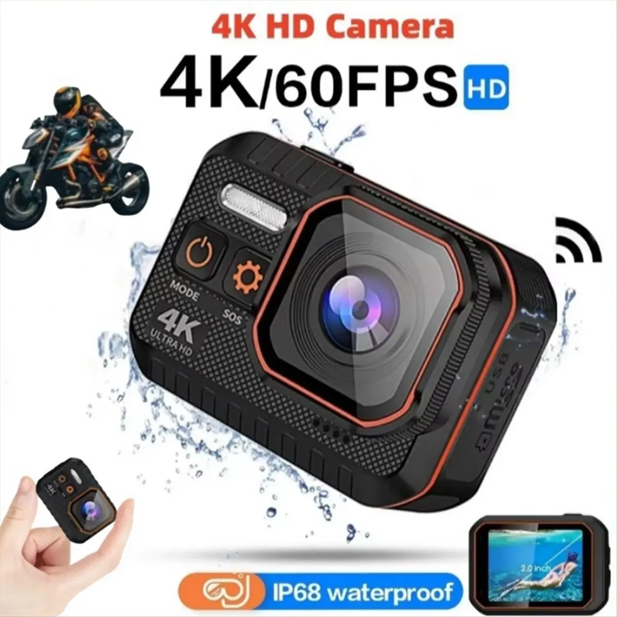 4K HD 60FPS Camera Wifi Outdoor Sport 170° Wide Angle Action Waterproof Bike Autocycle Helmet Body Cam with LED Screen