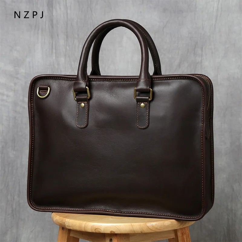 NZPJ Retro Herren Aktentasche Leder Laptoptasche Oberschicht Rindsleder Lässige Handtasche 14 Zoll Business Umhängetasche Messenger Bag – Detail 5