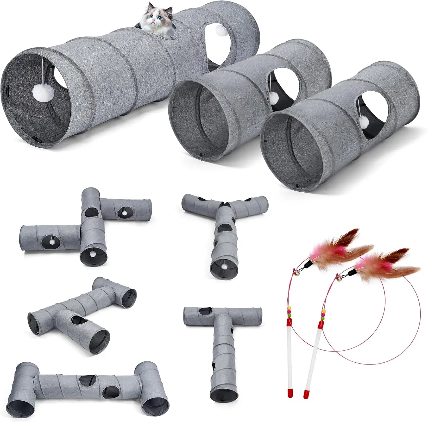 

Cat Tunnel with 3 Straight Tunnels, DIY Shapes, Wand Toys, No Noise, Scratch-Resistant Linen Fabric, Interactive Pet Tube for Ca