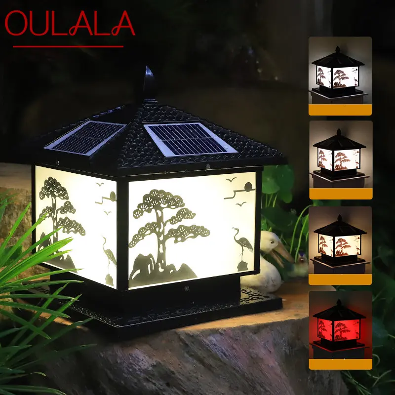 

OULALA Solar Post Lamp Outdoor Vintage Pine Crane Decor Pillar Light LED Waterproof IP65 for Home Courtyard Porch