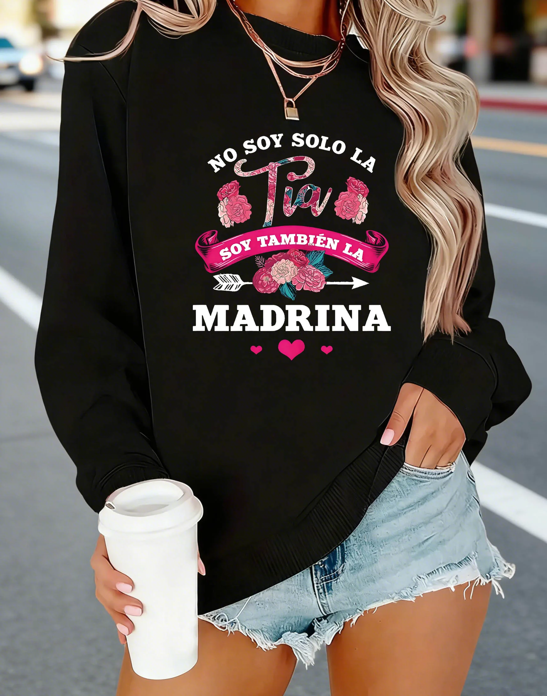 سويت شيرت نسائي "NO SOY SOLO LA Tia SOY TAMBIEN LA MADRINA" طباعة حروف إسبانية كاجوال للخريف والربيع، ملابس نسائية