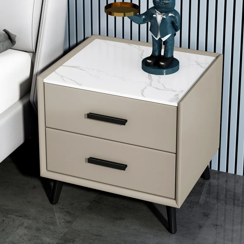

Прикроватная тумбочка из массива дерева в стиле легкой роскоши, простая современная тумбочка с кожаной отделкой, мини-тумбочка для спальни с каменной столешницей и местом для хранения, полный комплект