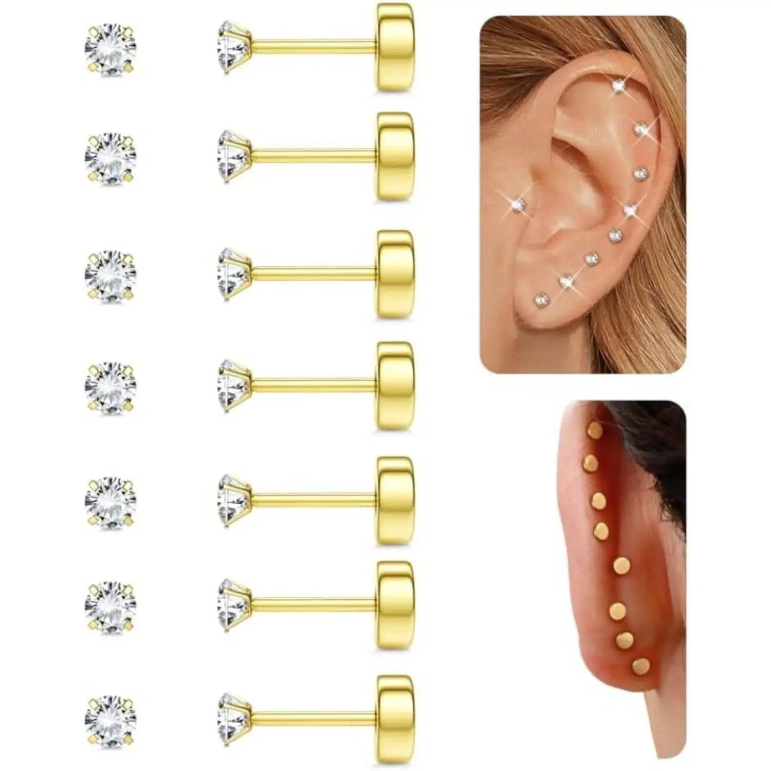 

Bobisty 7 Pairs Gold Plated 5A CZ Flat Back Earrings Surgical Stainless Steel Studs for Women Men Dainty Cartilage Earrings
