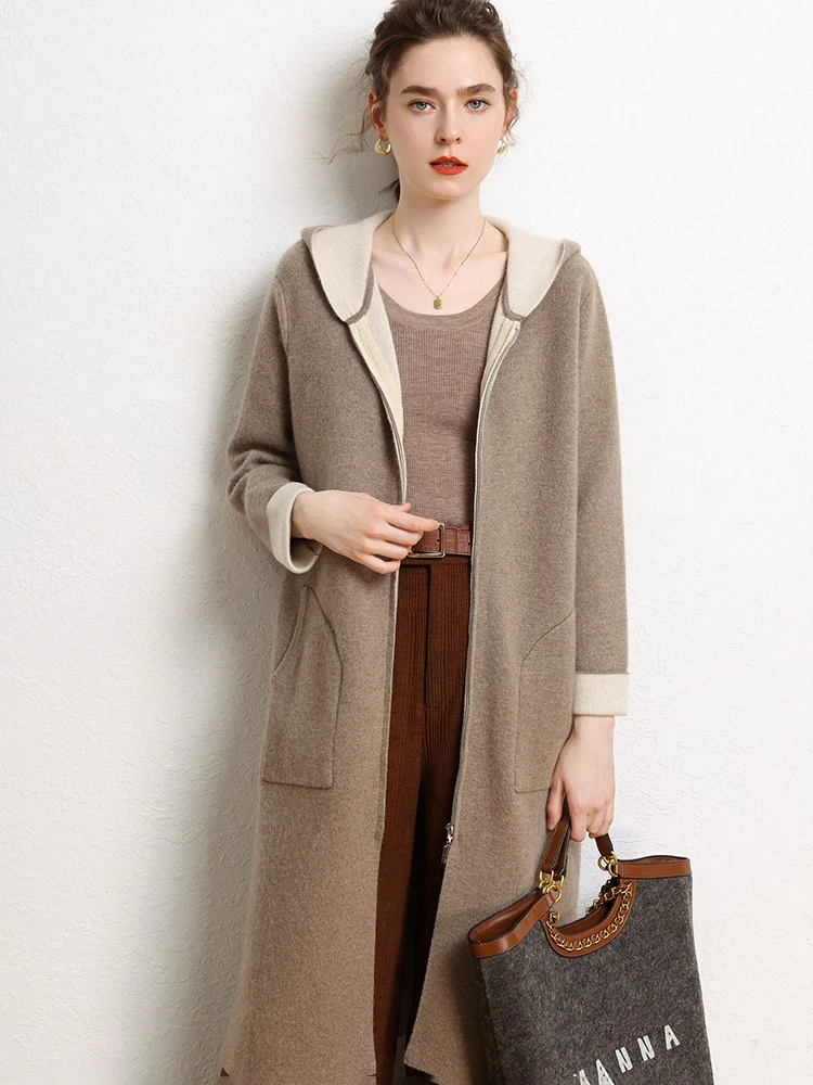 

ANGEL Luxury Women 100% Cashmere Hoodie Sweater Coat Classical Zipper Long Cardigan Autumn Winter Thick Grace Cashmere Overcoat