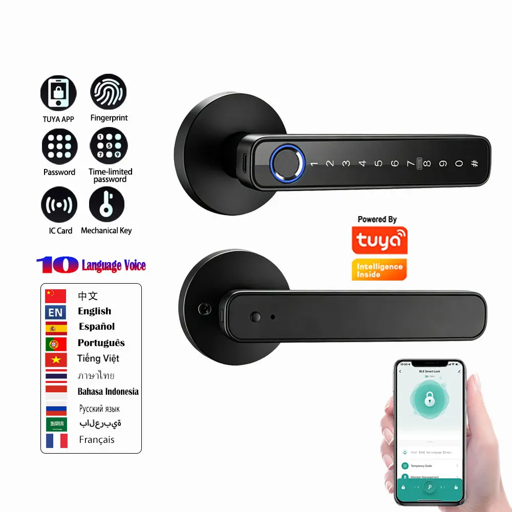 Tuya App Fingerprint Electronic Smart Lock Handle with Password Key Card Access Handle Lock for Home Room Security