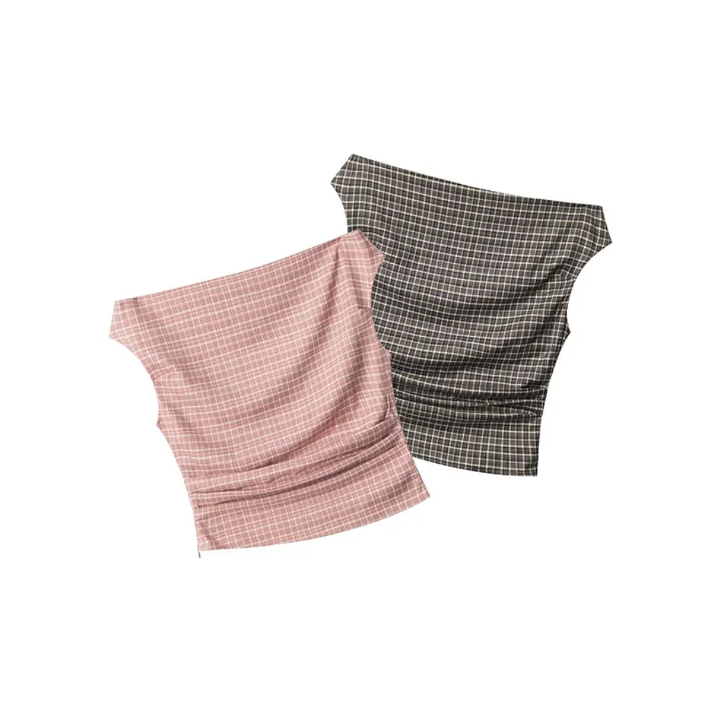 

Heyhenry Women's Sleeveless T-Shirt One-Line Collar Short Plaid Waist Pleated Off-Shoulder Feminine Slim Fit Vest Top