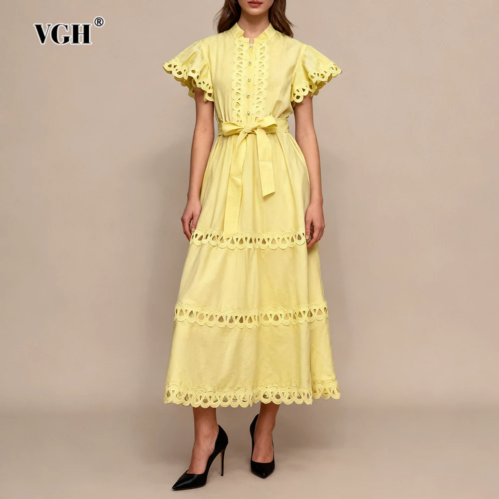 

VGH Ретро милые платья с полыми краями для женщин с воротником-стойкой и летающими рукавами, с высокой талией, на шнуровке, повседневное женское платье трапециевидной формы