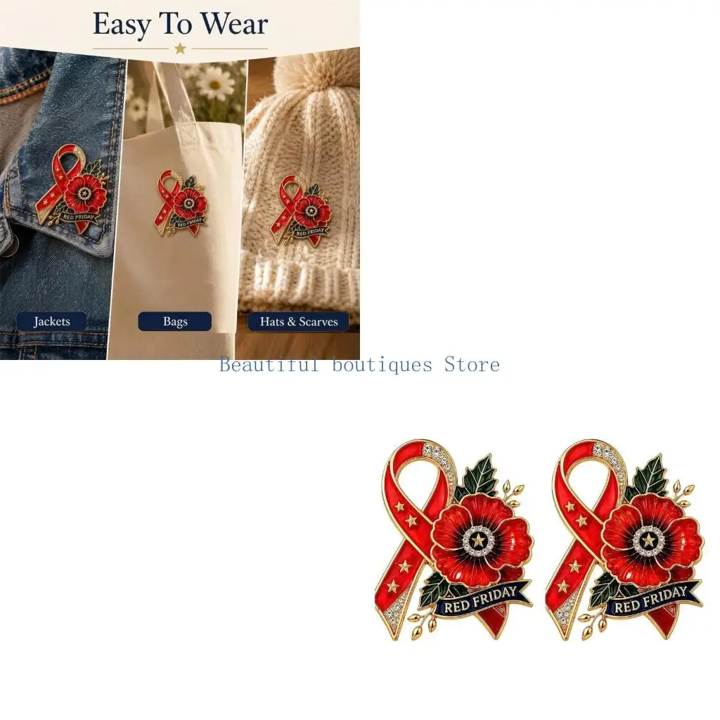 U4LF Flower Brooch Pin Red Ribbon Lapel Accessory with Pin Back Clasp, Alloy Accent for Jackets Bags Hats and Scarves
