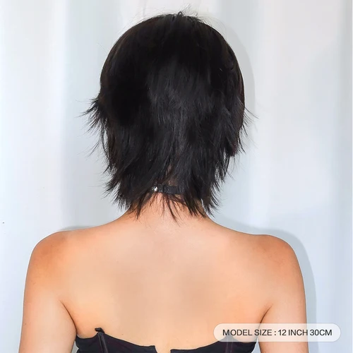 Imagen 2 del producto Pelucas rectas de capas cortas, peluca negra con cabeza de salmonete y flequillo de parte media para mujer, pelo sintético resistente al calor para fiesta de Cosplay