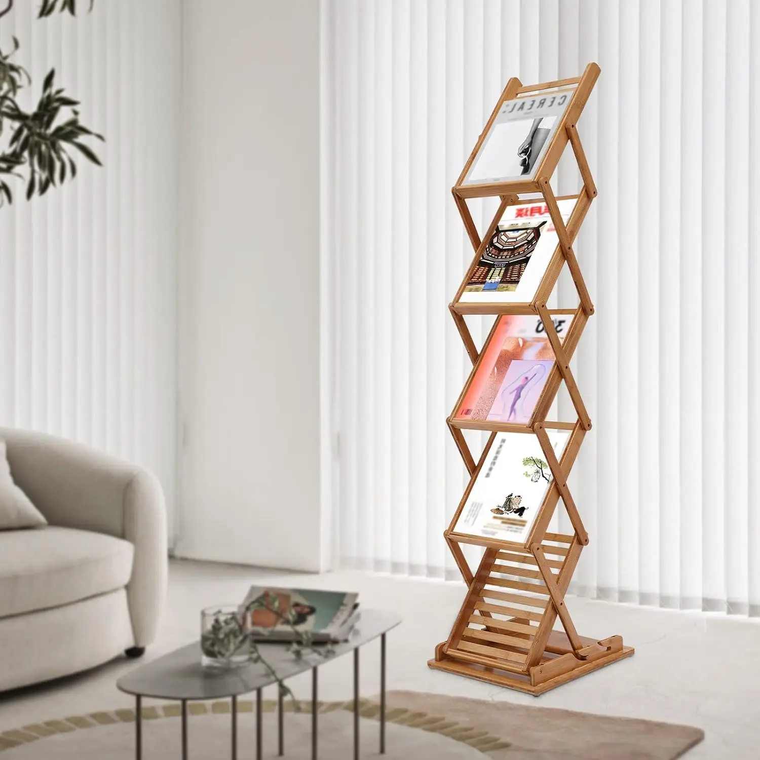5-Tier Bamboo Folding Magazine Rack with Height Adjustable 2 Slots, Foldable Magazine Rack, Load-bearing, Customized