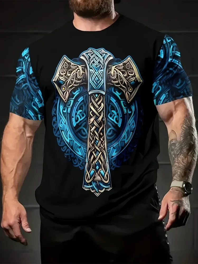 Fashion New Viking Pattern Full Print Men's T-shirt Vintage Norse Tattoo Style Black Streetwear Short Sleeve Street Man Clothes