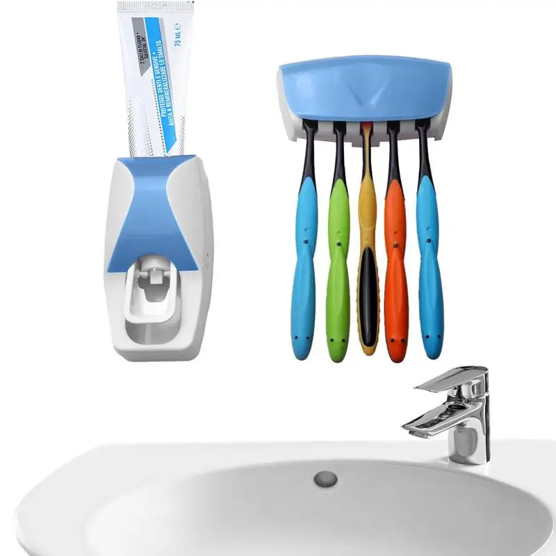 Toothpaste Dispenser 5 Slot Toothbrush Holder Set Automatic Toothpaste Dispenser Wall Mounted Bathroom Shelves Bath Accessories