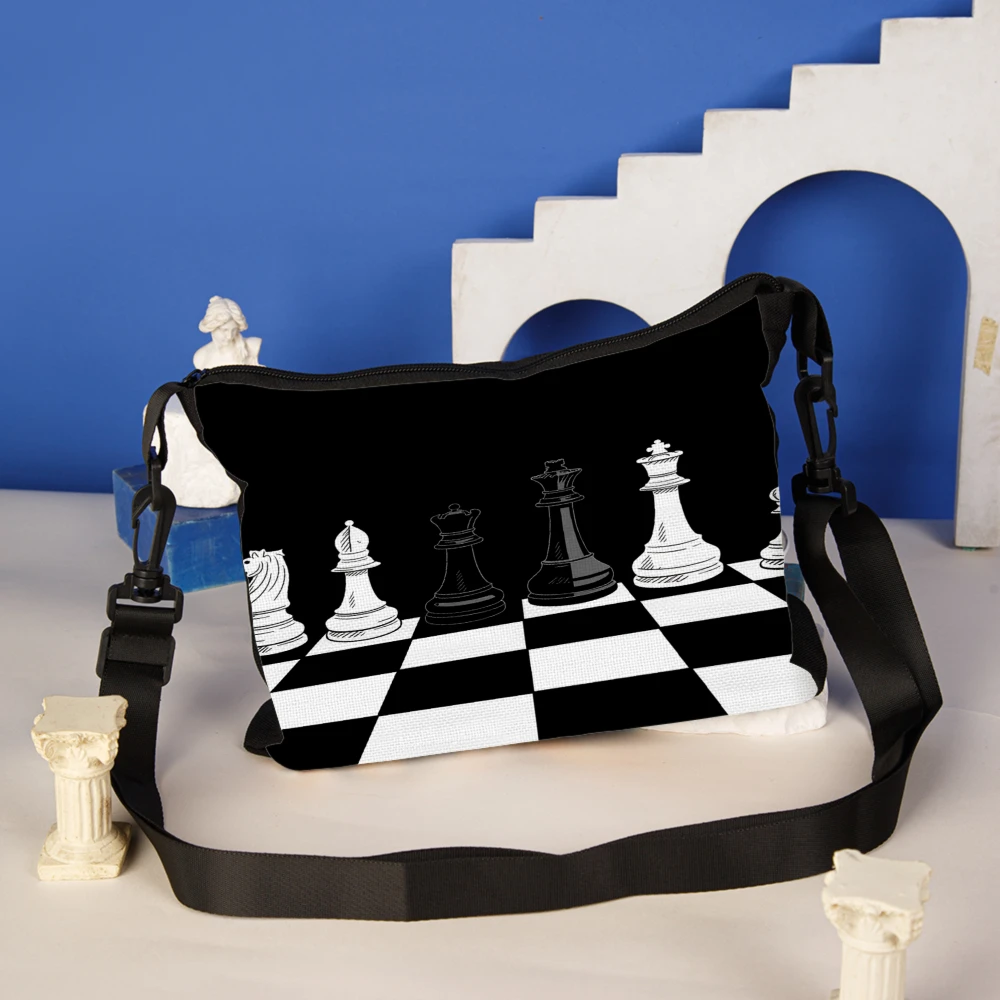 1pc Chess Theme Crossbody Bag Black And White Checkerboard Pattern With Chess Pieces Print Shoulder Bags For Women Men Casual Da