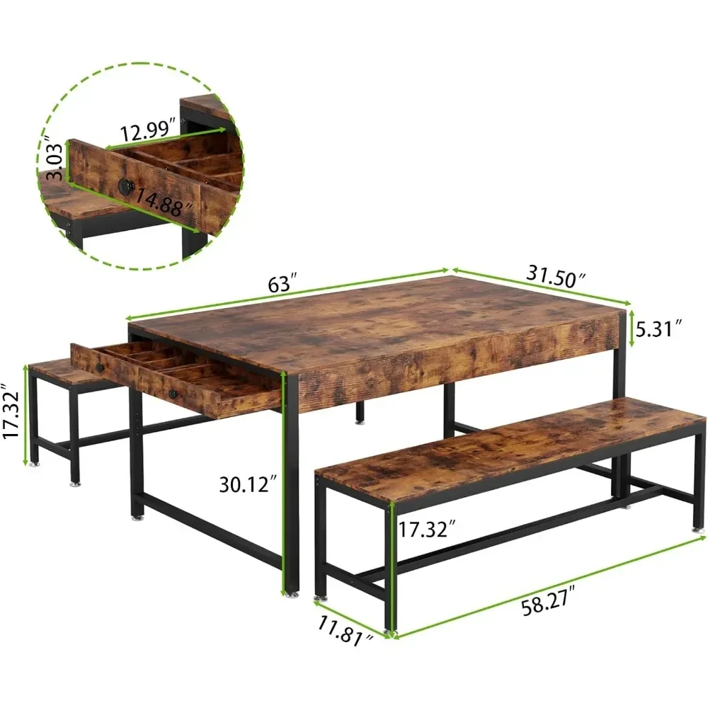 Conjunto de mesa de jantar de 63" para 4-6 com 2 gavetas de utensílio, 2 bancos e rack de vinho, com estrutura de metal e placa de MDF