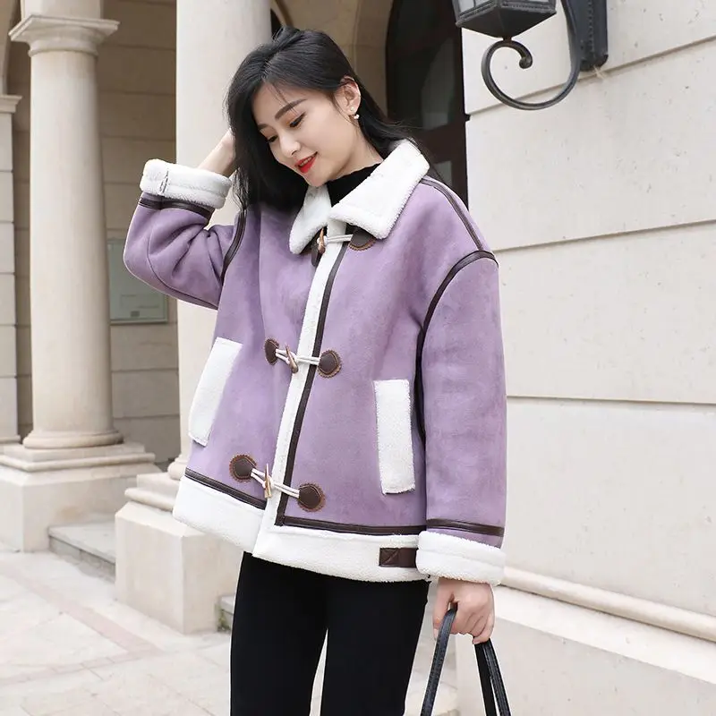 Autumn Winter New Granular Cashmere Lamb Wool Patchwork Motorcycle Coat Women Fashion Solid ColorThick Warm Faux Fur Clothing