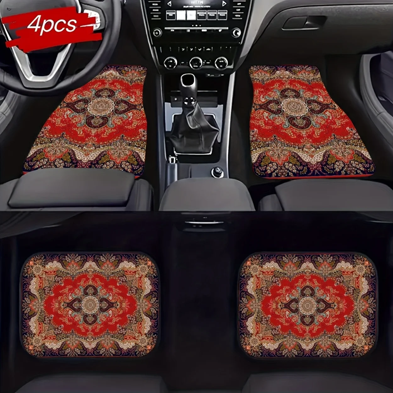 4pcs Set Of Universal Car Floor Mats, Red Base Retro Pattern, Retro Style Digital Print Car Floor Mats, Fashionable And Versatil