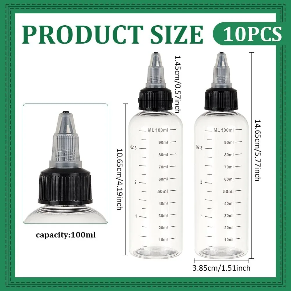 10PCS 100ml/3.38 oz Transparent Plastic Squeeze Bottles with Scale and Black Twist Cap Graduated Squeeze Dispensing Bottles