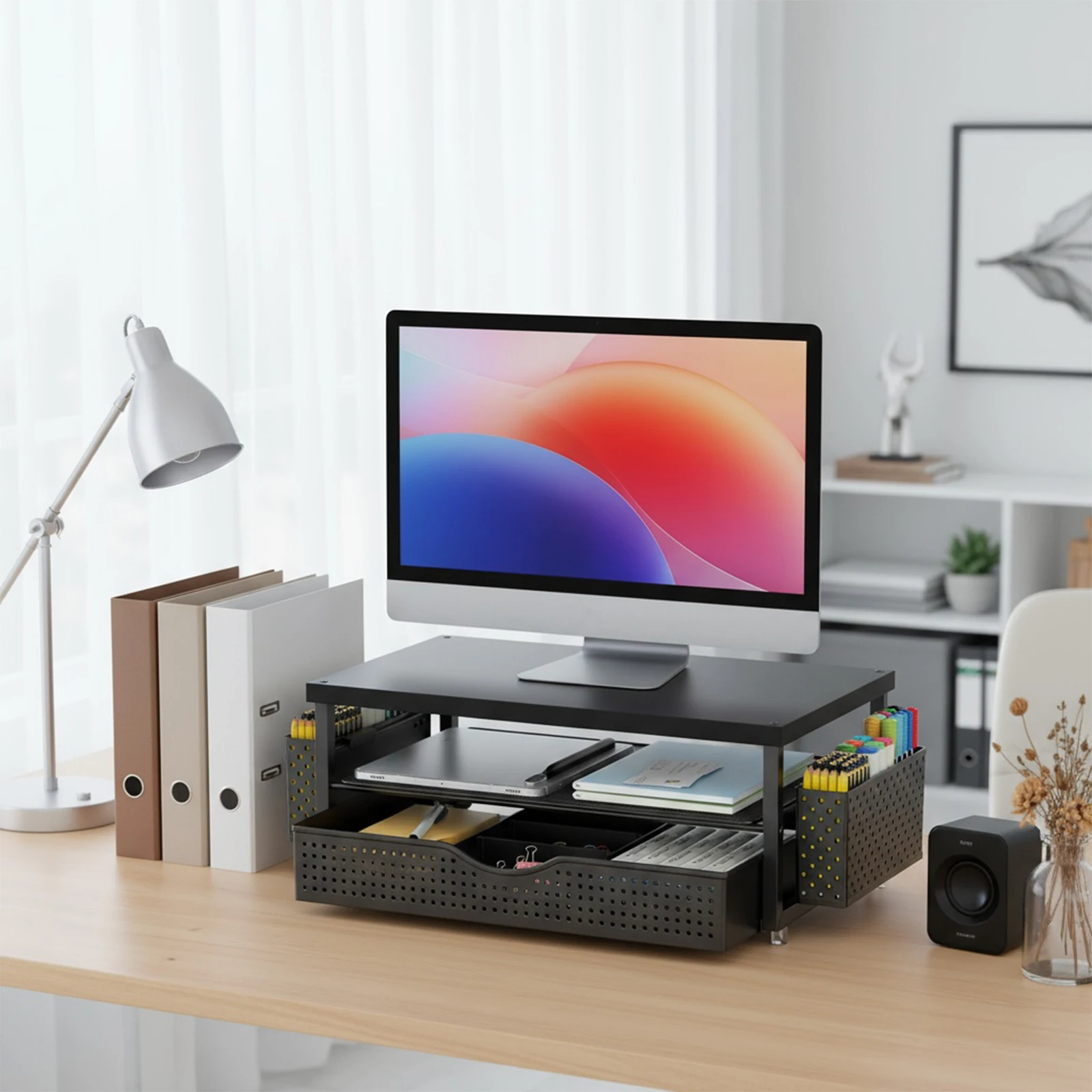 Ergonomic Computer Monitor Stand Riser with Adjustable Height and Space Saving Design for Office Home Use