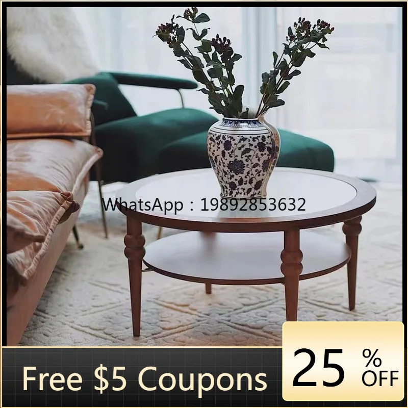 

1LYY Retro Round Solid Wood Glass Coffee Table TV Cabinet Set Modern Simple Light Luxury Small Apartment Living Room Tea Table