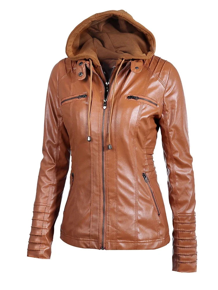 Europe America Women Clothing Leather Jacket Women Detachable Hooded Zipper Long Sleeve Solid PU Women Leather Coat Women Jacket