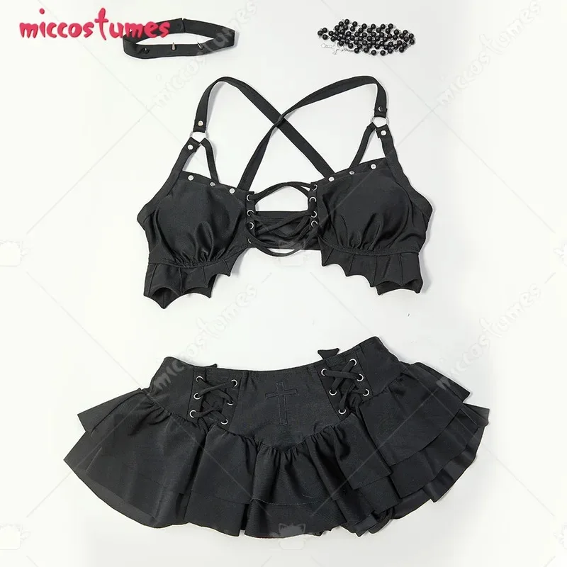 25COShaikyuu Women Goth Two Piece Swimsuit with Necklace Bat Ruffle Bikini Gothic Bathing Suit Swimwear Halter view 6