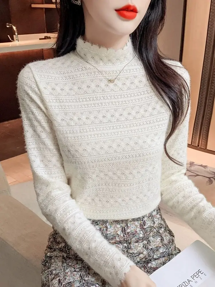 

Half High Neck Lace T-shirt Base, Women's Autumn and Winter New Style, Interior Warm All Match Elegant Top TT80