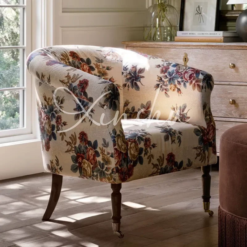 Printed Solid Wood Sofa Chair Bedroom Leisure Armchair Retro Style Small Apartment Living Room Balcony Single Seat Furniture