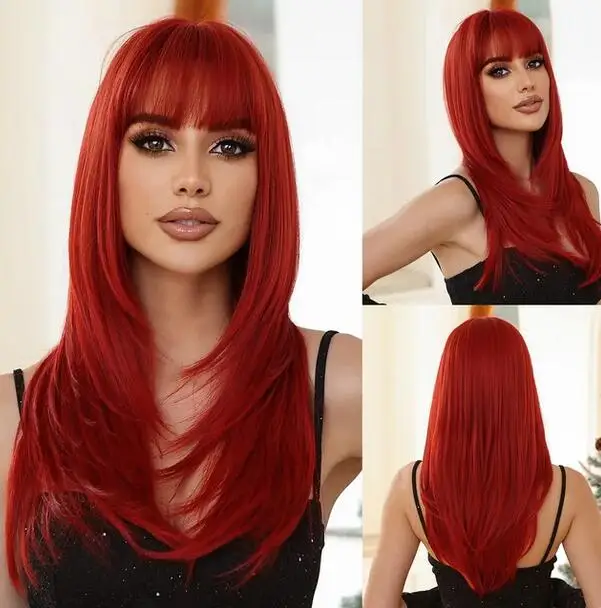 

Dark Red Long Layered Wig Synthetic Straight Wigs with Fluffy Bangs Cosplay Party Hair for Women Heat Resistant Fibre