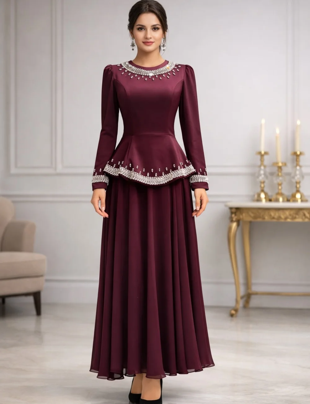 

Customized Luxury Charming Pleat Rhinestone A-line Scoop Neck Ankle Length Evening Dresses for Woman High Quality