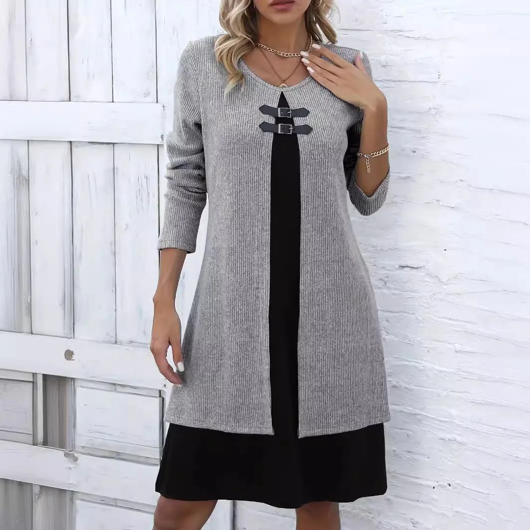 

2025 Spring Autumn Women O-neck Patchwork Dresses Fashion New Lady Long Sleeve Button Up Casual Elegant Streetwear Sweater Dress