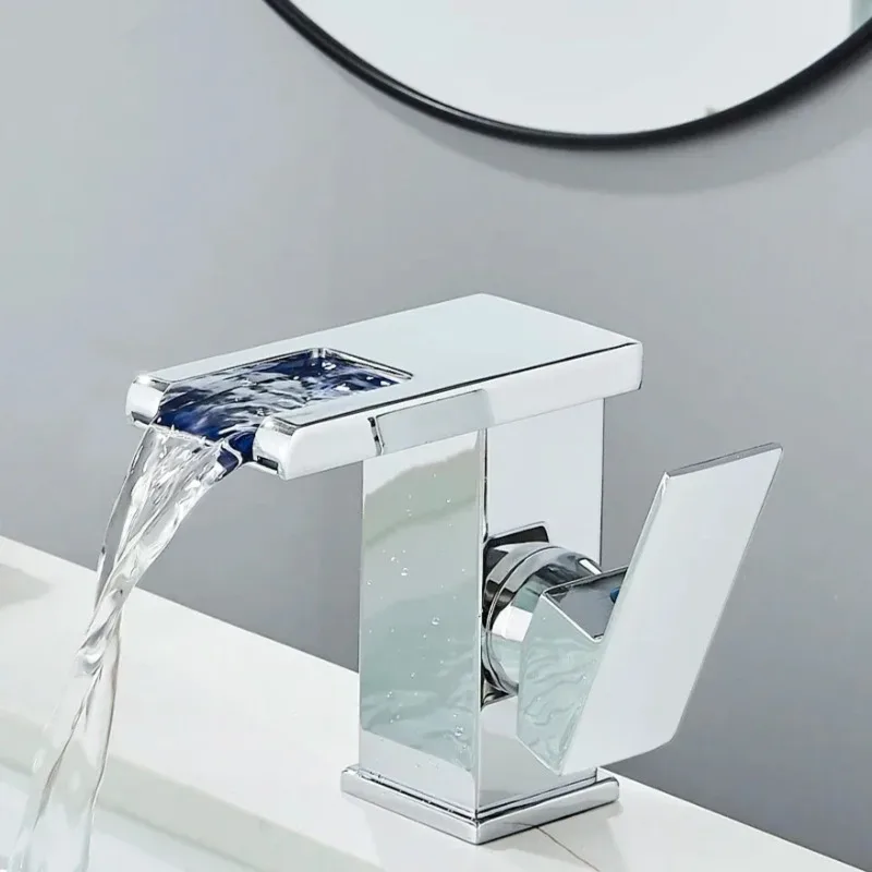 LED Waterfall Faucet, Hot and Cold Basin Mixer Tap, Bathroom Sink Faucet with Light, for Vanity Countertop Hotel Bathroom Use