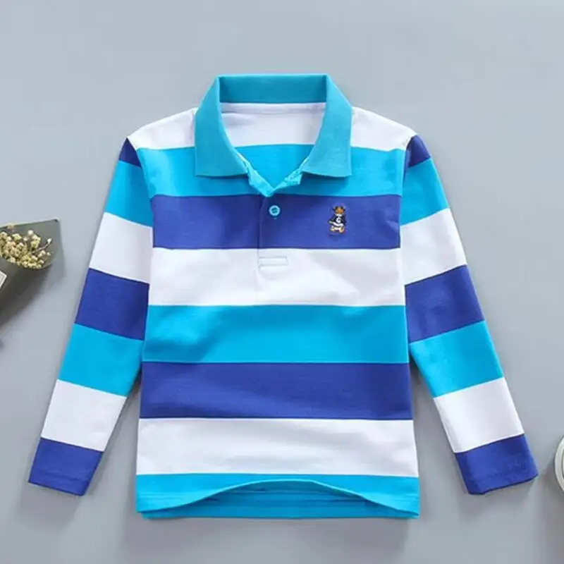 Spring Autumn Big Boys T Shirts 3-14Years Kids Classics Striped Lapel T-shirts Breathable Children Long Sleeve POLO Shirts